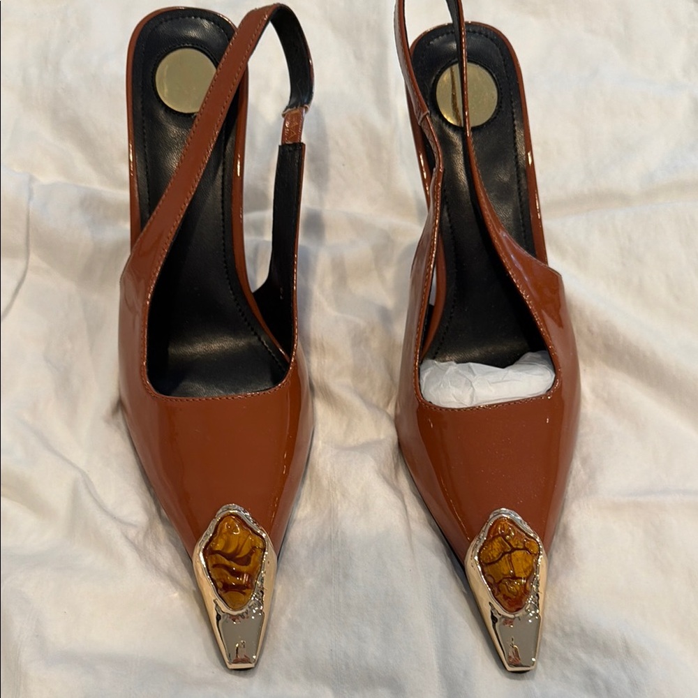 Patent Leather Slingback Heels with Gold Pointed Caps